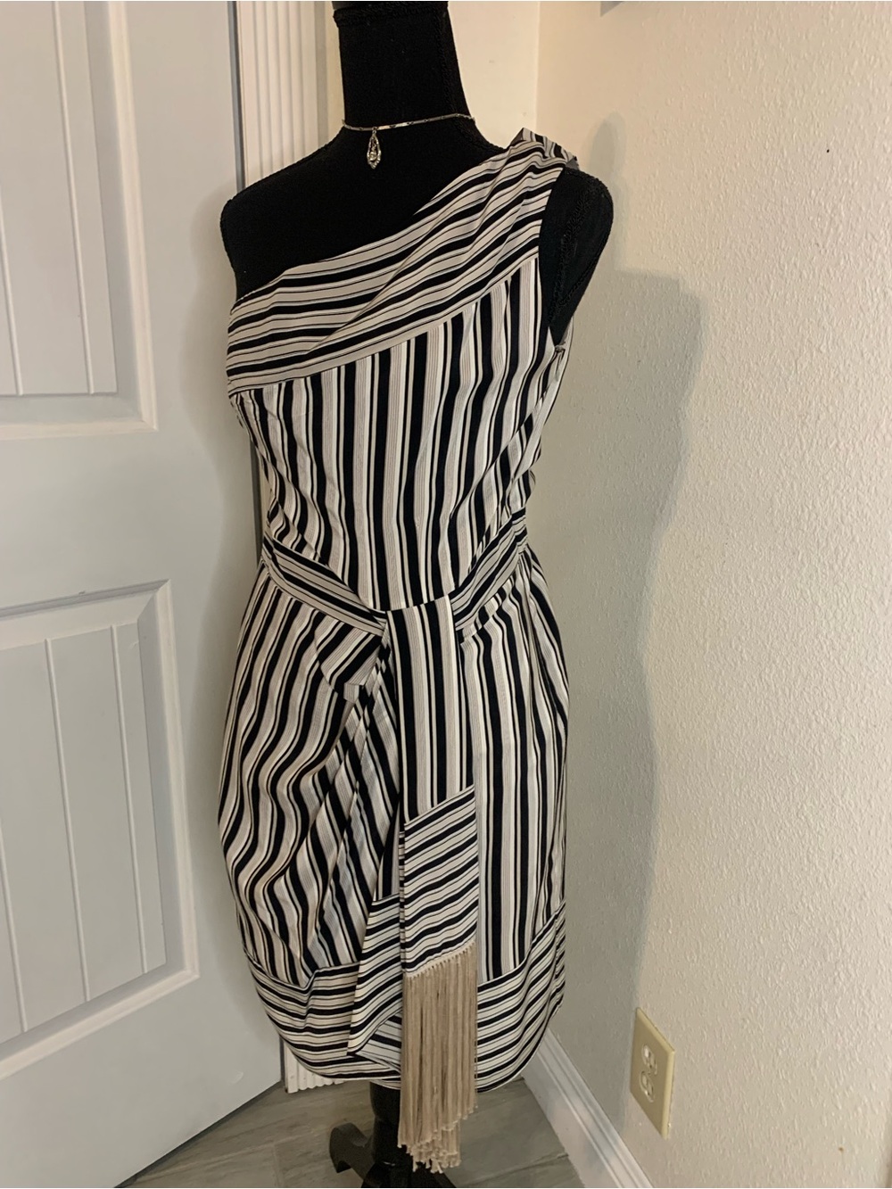 BCBGMaxAzria Black and White One-Shoulder Striped Dress